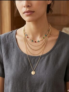 Gold Multi-Layer Necklace with Colorful Beads - Women